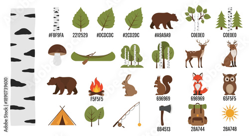 Illustrated nature and camping elements, featuring wildlife, foliage and outdoor gear set against