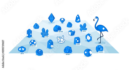 Geometric gems and blue flamingo illustration on light blue polygonal platform
