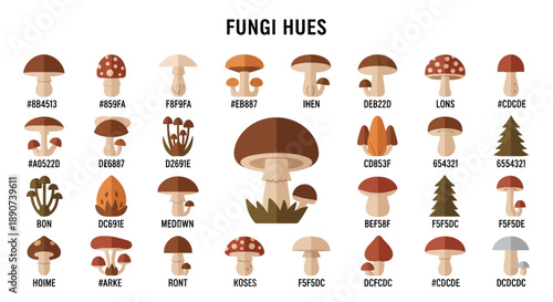 Flat vector illustration collection of different fungi with color codes and names