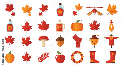 Flat Vector Set of Autumn Elements Representing Fall Season and Harvest Celebration