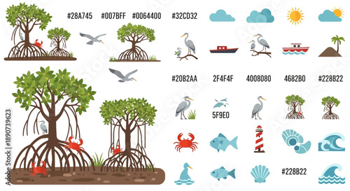 Illustration collection of coastal ecosystems with mangrove trees and marine life