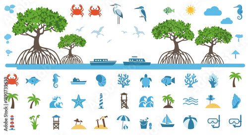 Illustration of a Coastal Ecosystem with Mangrove Trees and Marine Life Elements