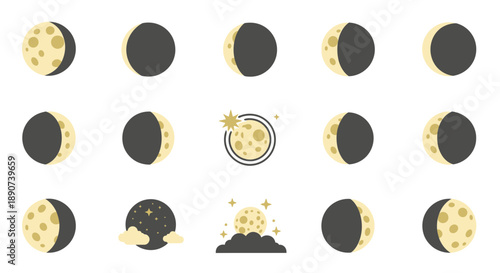 Illustration of Moon Phases, Representing Lunar Cycle and Celestial Motion in Astronomy