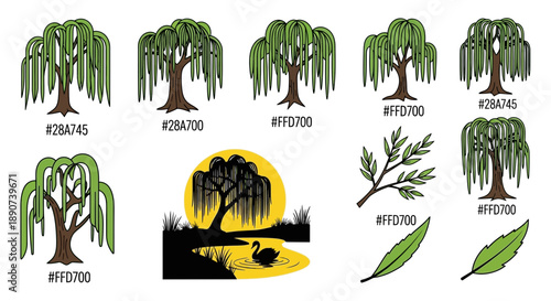 Illustrations of weeping willow trees with distinct styles and color palettes showcasing vector