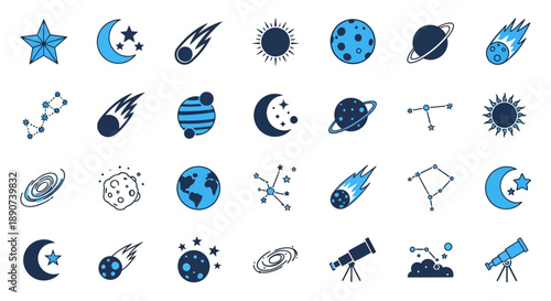Set of cosmic elements including planets, stars, constellations and telescopes showing a fun
