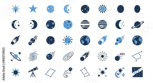Set of space icons in trendy flat style: planets stars comets telescope vector illustration
