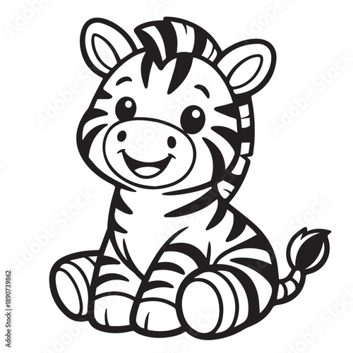 Vector cartoon art showing an adorable baby zebra sitting happily, illustrated with simple shapes, bright expression, and gentle details that convey innocence, fun, and sweet charm.