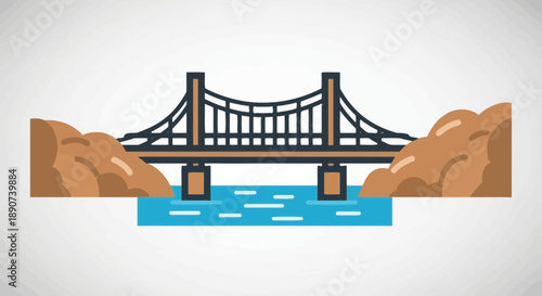 Stylized bridge illustration with water and rocky landscape for travel imagery