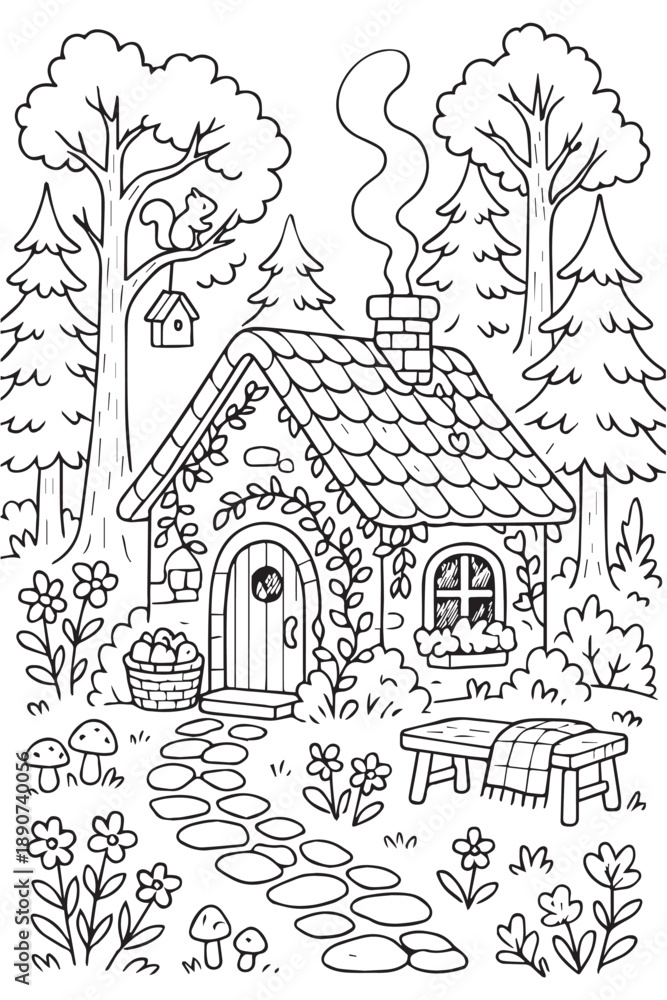 Obraz premium Cute vector illustration of a tiny house nestled in the middle of a forest, featuring soft lines, cozy details, natural elements, and an aesthetic atmosphere that feels warm and peaceful.