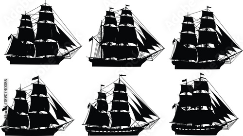 Set of Six Vintage Tall Ship Silhouettes Representing 19th Century Nautical Vessels Frigates Barques and Clippers for Maritime Graphic Design