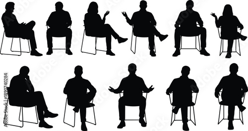 Set of silhouettes featuring diverse people sitting in chairs for architectural visualization scale figures and professional office furniture design layout