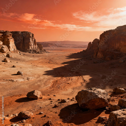 Rocky Plain Landscape with Mars-Like Red Sky