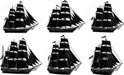 Set of vintage silhouette illustrations of majestic tall ships with full sails for nautical maritime history and marine ocean design.