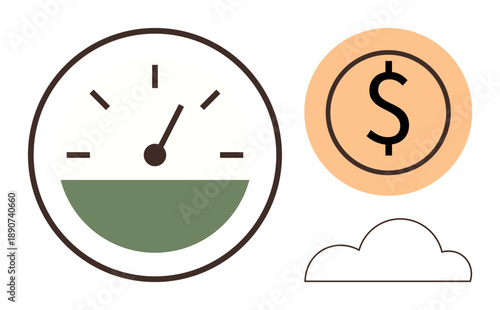 Business analytics, financial growth, cloud computing, performance, economic progress, data monitoring. A speedometer, dollar sign and cloud icon in minimal design. Financial growth and performance