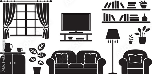 Black and white living room interior with furniture and plants home decor