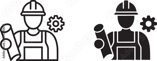 Black and white of construction workers with hard hats and blueprints gears