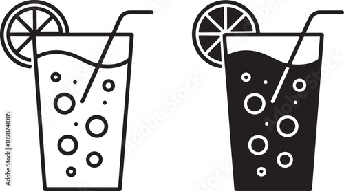 Black and white of two glasses with straws and lemon slices drinks