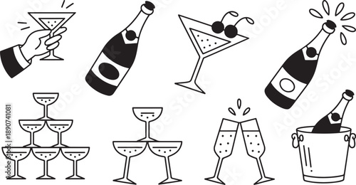 Black and white of various cocktail glasses and champagne bottles martini glasses wine glasses