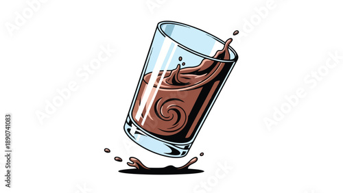 Refreshing cocoa drink cascading from a clear glass, creating an animated splash, isolated on white, perfect for vibrant beverage imagery and