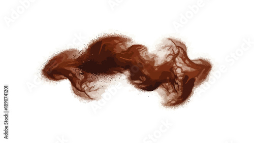 Dynamic abstract brown fluid movement with granular texture on a pristine white background evoking earthy organic forms and a sense of diffused