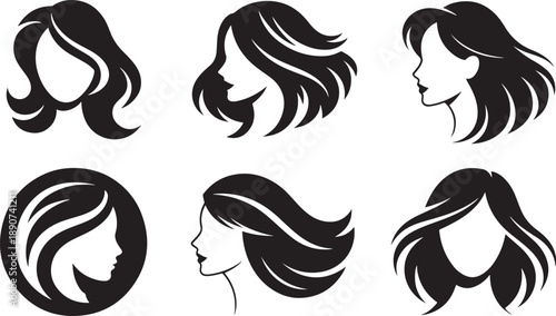 Black and white silhouettes of women's heads with different hairstyles profiles