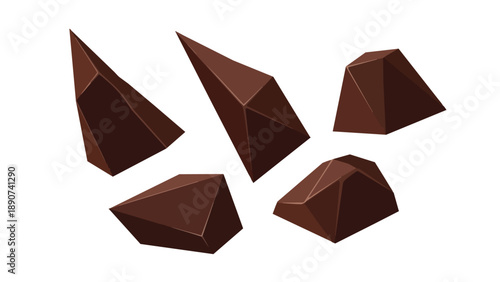 Abstract collection of sharp brown geometric forms displaying faceted surfaces, dynamically arranged against a clean white background, perfect for