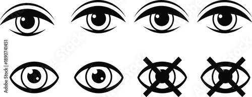 Set of vector eye icons with visibility and hidden status symbols for user interface design privacy settings and password security