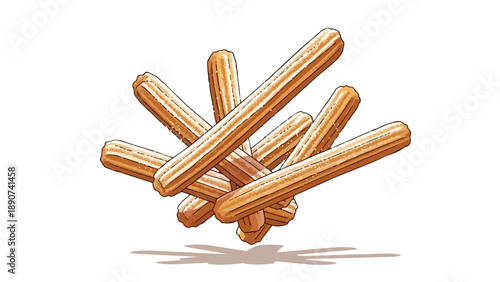 An enticing illustration featuring a dynamic arrangement of freshly prepared golden churro pastries sprinkled with glistening powdered sugar a truly