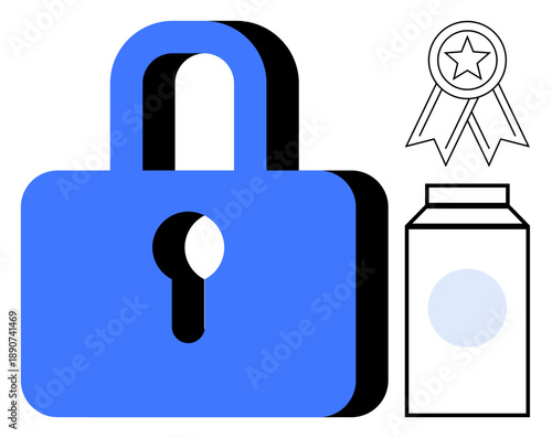 Security, certification, compliance, product integrity, industry standards, trust marks. Blue padlock, award ribbon and product box illustration. Security and certification concepts