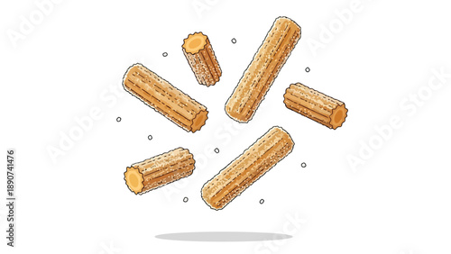 Delicious sugar-dusted churros falling playfully, a crispy sweet treat illustration for confectionery