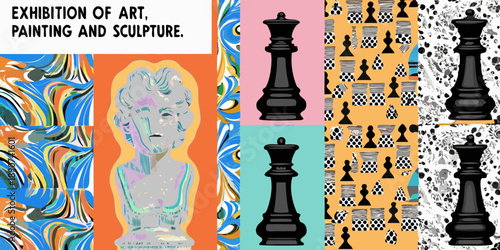 Colorful abstract art exhibition poster featuring chess pieces and sculpture