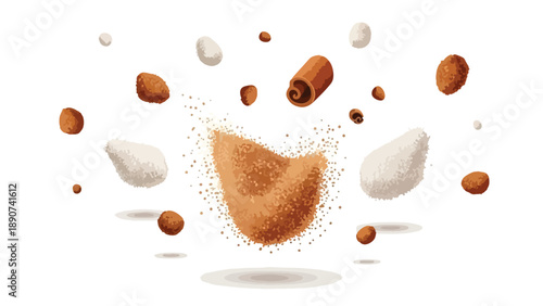 A dynamic composition of sweet ingredients, featuring fine powder, cinnamon stick, and spice nuts, gracefully suspended and bursting in a delightful