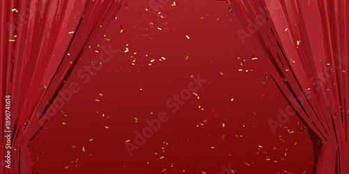 Red stage curtains with golden confetti falling creating a dramatic effect