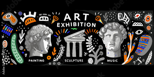 An art exhibition banner featuring classical sculptures and colorful doodles