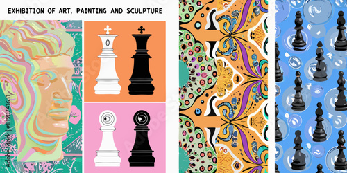 Collage of vibrant art pieces portraits chess and patterned designs