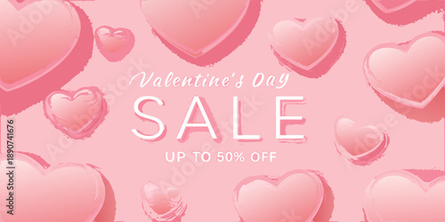 Valentine s day sale advertisement with floating pink hearts and discount offer