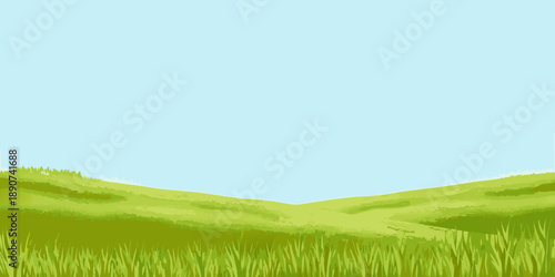 A simple landscape illustration featuring green hills and a blue sky