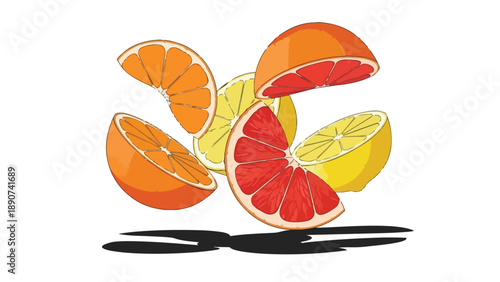 Colorful vibrant citrus medley illustration featuring fresh orange lemon grapefruit halves casting subtle shadows on a clean white background a