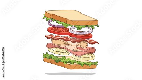 Exploded View of a Classic Deli Sandwich with Fresh Ingredients Floating in Layers for Culinary Illustration