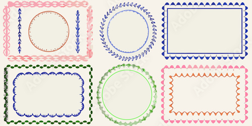 An arrangement of six decorative colorful hand drawn frame borders