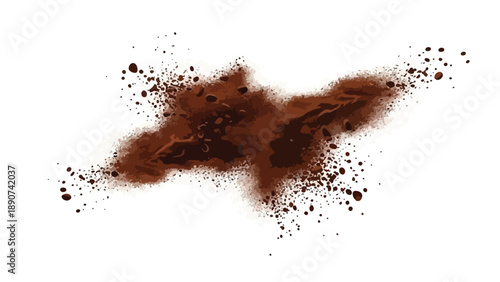 Dynamic brown splash with scattered particles creating an energetic liquid or powder burst effect on white
