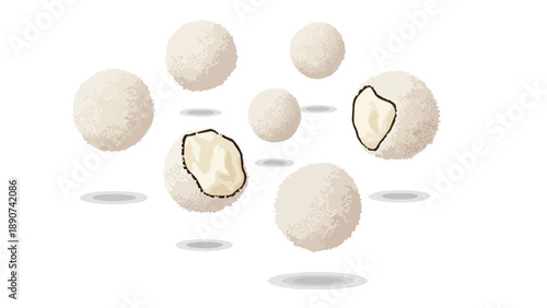 Delicious coconut truffles with creamy fillings float elegantly on a pristine white background, a sweet treat illustration perfect for culinary