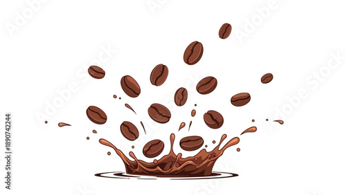 Dynamic coffee bean splash art vibrant brown roasted beans fall into energetic liquid creating a lively ripple symbolising fresh brewing awakening