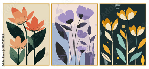 Set of three abstract floral posters in modern boho style. Minimalist watercolor illustrations of flowers and leaves in warm orange, purple, and mustard yellow tones. Vector.