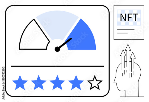 Performance concept. Performance rating with a five-star scale and speedometer. Performance linked with NFTs and personal growth. Useful for tech, business, feedback systems, blockchain, creativity