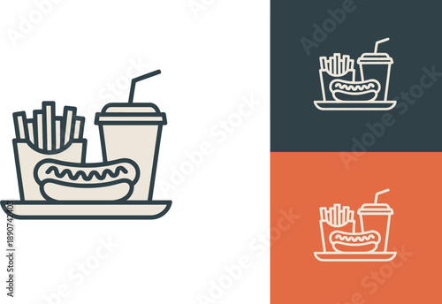 Fast food on different colored backgrounds hot dog french fries soda line food