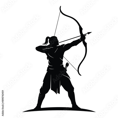 Focused archer in dynamic stance aiming bow and arrow with precision
