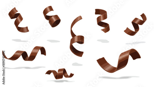 Artfully crafted chocolate curls gracefully suspended, illustrating confectionery delight and delicious dessert garnishes