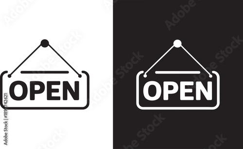 Open sign in black and white hanging sign business hours open symbol sign black and white