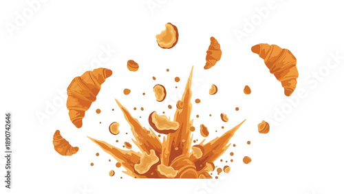 A dynamic burst of freshly baked golden croissants and their delicious flaky crumbs exploding with a vibrant energy perfect for bakeries cafes and